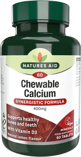 Natures Aid Chewable Calcium 400 mg with Vitamin D3 60 Tablets (for the Maintenance of Normal Bones and Teeth Vegan Society Approved Made in the UK)