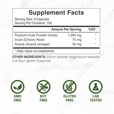 Deal Supplement Psyllium Husk 1500mg Per Serving 300 Capsules 3 in 1 Fiber Supplement with Inulin & Acacia Complex Natural Soluble Fiber Supports Digestive Health Plant Based Non-GMO