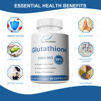 Fleamart Click to see full view Glutathione Supplement 98%+ Highly Purified and Bioavailable Skin Care & Detoxification L Glutathione 1000mg Immune & Liver Support Made in The USA 60 Capsules