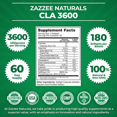 Zazzee Extra Strength Cla 3600, 180 Softgels, 3600 Mg Per Serving, High-Potency Conjugated Linoleic Acid, Concentrated And Standa