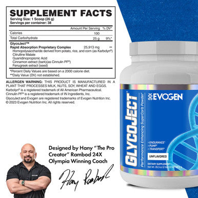 Evogen GlycoJect - Karbolyn Super Carb Powder | Rapid Absorption for PreWorkout | Carbohydrate Powder for Endurance | Intra Workout Carbs Powder for Men & Women | Unflavored | 38 Servings