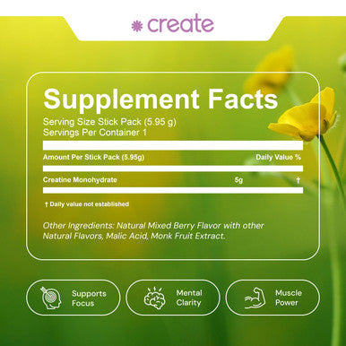 Create Single Serve Creatine Monohydrate Powder 5g Creapure Creatine | Redefining Strength Energy & Recovery | Sugar-Free Vegan Non-GMO | Mixed Berry | 30 Portable Packets