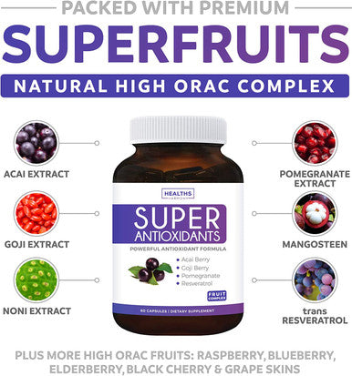 Super Antioxidant Supplement Powerful Super Food Antioxidants Blend Acai Berry Goji Berry Pomegranate Trans Resveratrol Natural Herbal Fruit Formula Skin Care 60 Capsules