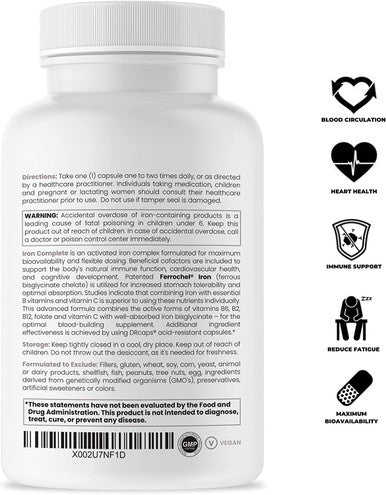 Iron Complete 120 Vegan Capsules Blood Building Supplement 18 mg of Ferrochel Ferrous Bisglycinate Chelate Cofactors VIT C Folate B Vitamins Non Constipating Lab Tested Non GMO