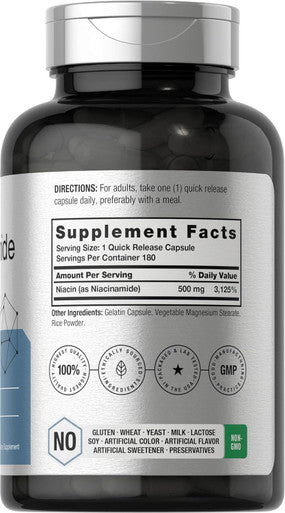 HorbAach Nicotinamide 500Mg 180 Capsules Flush Dietary Supplement Non-Gmo And Gluten Vitamin