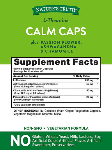 L Theanine Calm Caps | 90 Veggie Capsules | with Ashwagandha, Passion Flower and Chamomile Vegan, Non-GMO, Gluten Supplement | by Nature's Truth