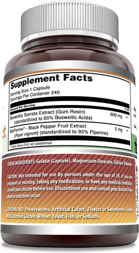 Amazing Nutrition Formulas Boswellia Extract with Bioperine 600mg 240 Capsules Supplement | Non-GMO | Gluten | Made in USA