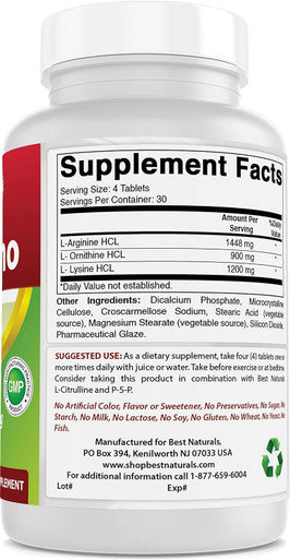 Best Naturals Tri-Amino with L-Arginine L-Ornithine L-Lysine 120 Tablets ( Improved Formula)