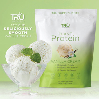 TRU Supplements Plant Based Protein Powder BCAA EAA 20g Vegan Brown Rice & Pea Protein 100 Calories 27 Vitamins No Artificial Flavors 25 Servings (Vanilla)
