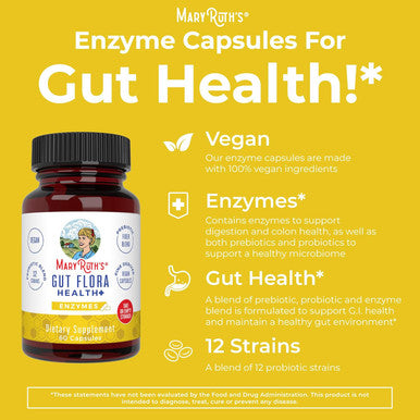 Maryruth Organics Gut Flora Health+ Enzymes | Up To 2 Month Supply | Prebiotic Probiotic Digestive Enzymes Blend For Healthy Gut Biome & Digestive Support | Gastrointestinal Health | 60 Capsules