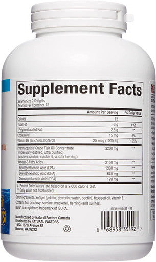 Natural Factors Ultra Strength RxOmega3 Fish Oil DHA and EPA with Vitamin D3 150 Softgels