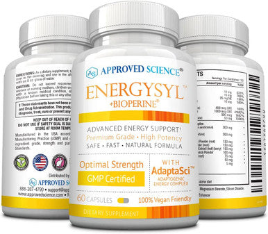 Approved Science Energysyl Caffeine Free Energy Booster Increase Physical and Mental Endurance with Reishi Mushrooms Bioperine 3 Month Supply