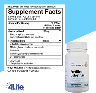 4Life - Fortified Colostrum - Bovine Colostrum Veggie Capsules for Immune Absorptive Respiratory and Brain Function Support with Lactoferrin Lactalbumin and Milk Fat Globule Membrane - 60 Capsules