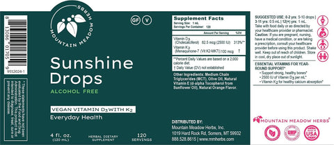 Mountain Meadow Herbs Sunshine Drops Vegan Vitamin D3 Booster for Healthy Bones and Teeth Ideal Winter Supplement Tincture 2oz