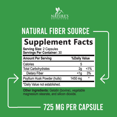 Psyllium Husk Caps 1450mg, Natural Fiber Supplement for Digestive Support - Nature's Non-GMO Psyllium Fiber Capsules Helps Support Digestion & Regularity for Adult Men and Women - 60 Capsules