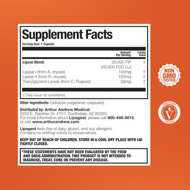 Arthur Andrew Medical Lipagest - Concentrated Lipase Enzyme - 20,000 FIP - Optimal Digestion of Fats - Nutrient Absorption - Gallblader & Keto Support - Dairy-Free & Vegan - 180 Capsule
