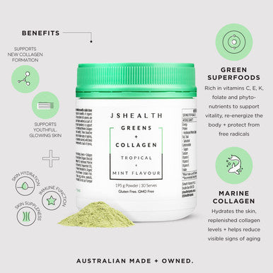 JSHealth Super Greens Powder - Greens & Collagen Powder - Superfood Powder With Marine Collagen Peptides, Vitamins & Veggies, 30 Servings