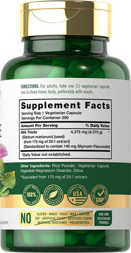 Milk Thistle Capsules | 4375mg | 200 Count | High Potency Extract | Vegetarian, Non-GMO, Gluten Free | by Carlyle