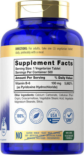 Carlyle Vitamin B6 100Mg | 500 Tablets | Vegetarian, Non-Gmo, Gluten Free