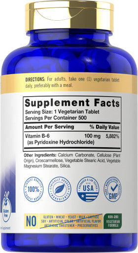 Carlyle Vitamin B6 100Mg | 500 Tablets | Vegetarian, Non-Gmo, Gluten Free