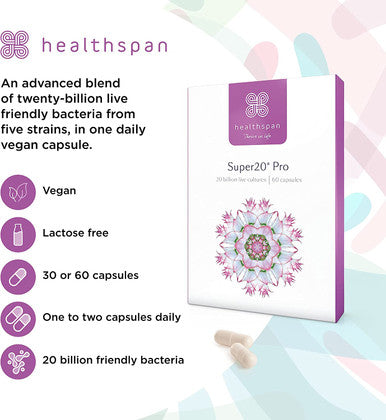 Healthspan Super20 Probiotic (60 Capsules) | Blend of 20 Billion Live Cultures from Five Strains | Promotes Friendly Gut Bacteria for Gut Health | Long Shelf Life and Lactose Free | Vegan