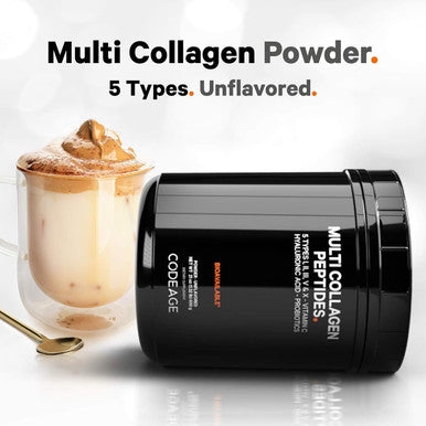 Codeage Multi Collagen Peptides + Probiotics Black Edition Vitamin C Hyaluronic Acid Powder Supplement Grass-Fed Pasture-Raised Hydrolyzed Zero Carbs Type I II III V & X Unflavored 21oz