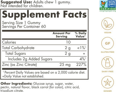 Solgar Zinc Gummies Adult Vitamin With 25Mg Ultra Potency Zinc Citrate For Immune Support - Mixed Fruit Flavor, Vegan, Kosher & Gluten Gummy Supplements For Women & Men, 2G Sugar, 60 Servings