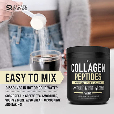Sports Research Collagen Powder Supplement Vital for Healthy Joints Bones Nails Hydrolyzed Protein Peptides Great Keto Friendly Nutrition for Men Women Mix in Drinks Vanilla 16.9 Oz