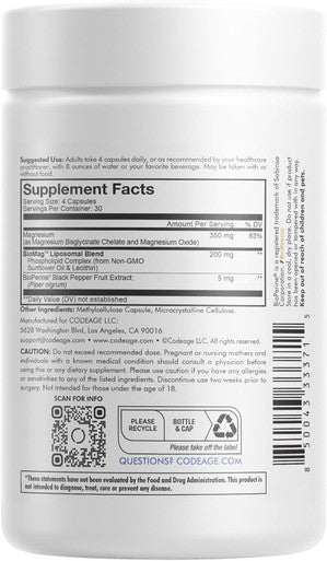 Codeage Liposomal Magnesium Glycinate Supplement - Magnesium Bisglycinate Pills - BioPerine Black Pepper - Liposomal Delivery - Non-GMO Gluten- Mineral - 120 Capsules