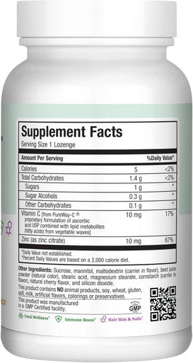 Maxi Health Zinc Lozenges - Zinc Citrate 10mg - with Vitamin C - Cherry Flavor - 60 Chewables - Kosher