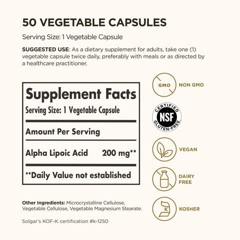 Solgar Alpha Lipoic Acid 200 Mg 50 Vegetable Capsules - Antioxidant Support - Helps To Recycle Glutathione Vitamin C & E Coq-10 - Non-Gmo Vegan Gluten Free Dairy Free Kosher 50 Servings