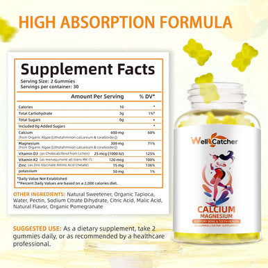 Calcium Magnesium Zinc Gummies For Adults Kids With Potassium Vitamin D3 K2 Sugar Chewable Vegan, Algae Calcium Supplements For Women Men Support Plus Bone Strength Lemon Flavor 120 Counts