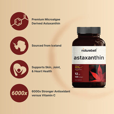 Naturebell Astaxanthin 12mg 120 Softgels Made with Astax Max Strength from MicroAlgae Natural Antioxidant for Skin Eye Health NonGMO No Gluten 4 Month Supply