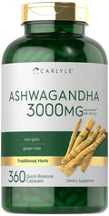 Ashwagandha Supplement 3000Mg | 360 Capsules | Root Extract Supplement | Non-Gmo, Gluten Free | By Carlyle