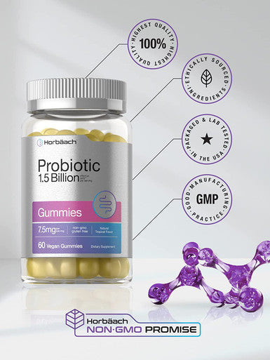 Probiotic Gummies | 60 Count | 1.5 Billion Effective Cells | Vegan, Non-GMO, and Gluten Free Supplement for Women and Men | Natural Tropical Flavor | by Horbaach