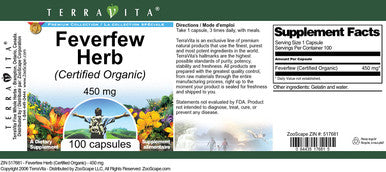 Terravita Feverfew Herb (Certified Organic) - 450 Mg (100 Capsules, Zin: 517681)