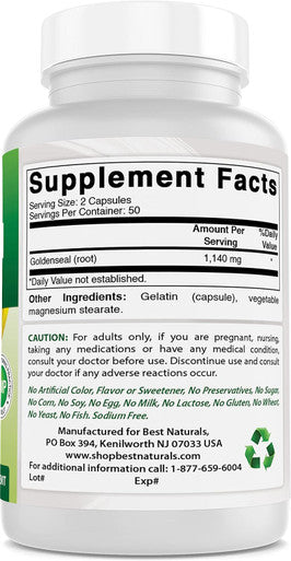 Best Naturals Goldenseal Root 570 mg (Non-GMO) 100 Capsules