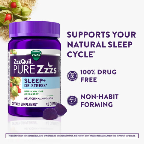 Zzzquil Pure Zzzs De-Stress Melatonin Sleep Aid Gummies Helps Calm Your Mind And Body Ashwagandha For Stress Support Sleep Aids For Adults 1 Mg Per Gummy 42 Count