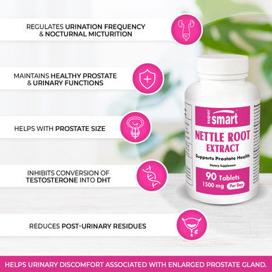 Supersmart Nettle Root Extract 1500 mg Per Day Extract of Stinging Nettle Root Support Healthy Urinary Tract Prostate Supplements for Men NonGMO 90 Tablets.