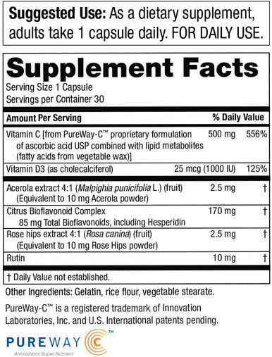 Essential Immunity Once Daily Vitamin C D Super Formula by Purity Products 500 mg PureWayC 1000 IU Vitamin D3 Citrus Bioflavonoids Rose Hips Extract Rutin More 30 Caps Box