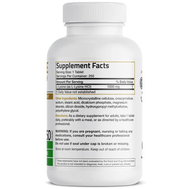 Bronson L-Lysine Extra Strength 1000 MG per Tablet High Potency, Immune Support & Supports Collagen Synthesis, Non-GMO, 250 Vegetarian Tablets