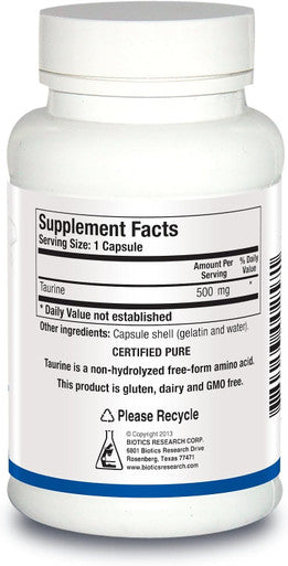 Biotics Research Taurine 500 mg Taurine Amino Acid Brain Health Cardiovascular Health Antioxidant. 100 Capsules.