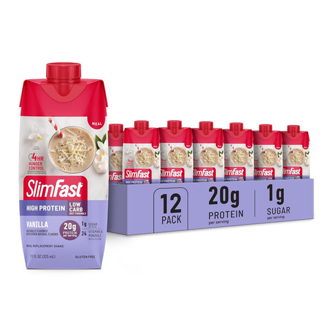 SlimFast Protein Shake, Strawberry- 20g Protein, Meal Replacement Shake Ready to Drink, High Protein with Low Carb and Low Sugar, 24 Vitamins and Minerals, 12 Count (Pack of 1) (Packaging May Vary)