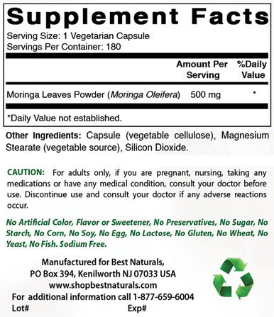 Best Naturals Moringa 500 mg 180 Vegetarian Capsules