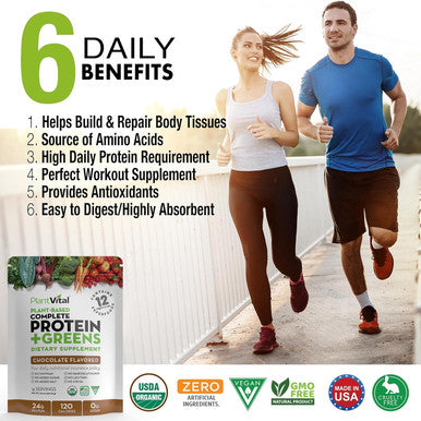 Plantvital Vegan Protein Powder Plant Based, Organic Protein Powder Chocolate, 24G/0G Sugar, 12 Superfoods, Veggies, Probiotics, Raw Cocoa, Kale, Beets, Spirulina, Pea, Gluten-, Keto-Friendly,16Oz