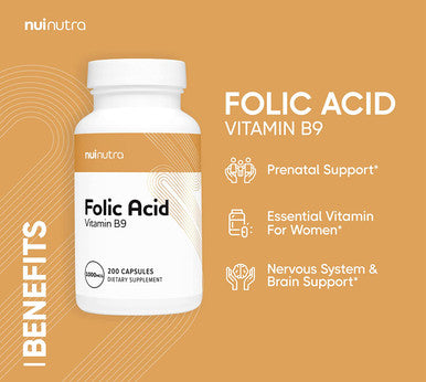 Nui Nutra Folic Acid Supplement | 1000mcg | 1mg | 200 Capsules | Nervous & Cardiovascular System Support | Essential Vitamin for Women | Development and Brain Support | Vitamin B9 | Acido Folico