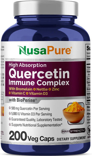 Nusapure Quercetin Complex: Bromelain Vitamin C Vitamin D3 Stinging Nettle Zinc | 200 Veggie Caps (Non-Gmo Bioperine)