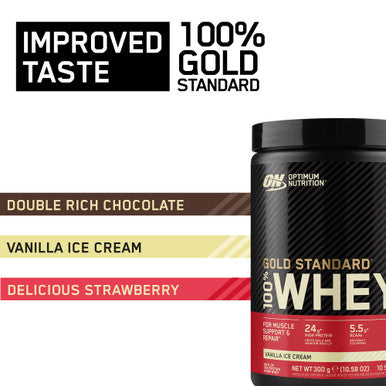 Optimum Nutrition Gold Standard 100% Whey Muscle Building And Recovery Protein Powder With Naturally Occurring Glutamine And Bcaa Amino Acids Vanilla Ice Cream Flavour 10 Servings 300G