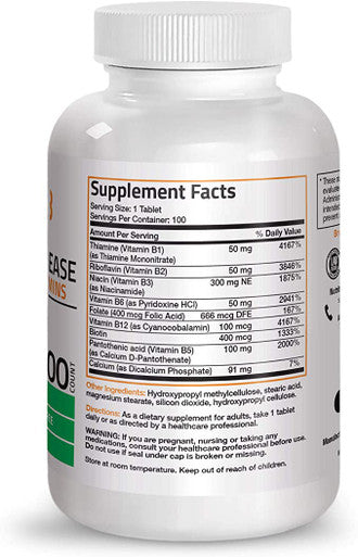 Bronson Vitamin B Complex (Vitamin B1, B2, B3, B6, B9 - Folic Acid, B12), 100 Tablets