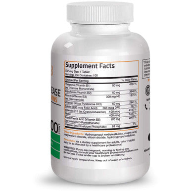 Bronson Super B Vitamin B Complex Sustained Slow Release (Vitamin B1, B2, B3, B6, B9 - Folic , B12) Contains All B Vitamins 100 Tablets